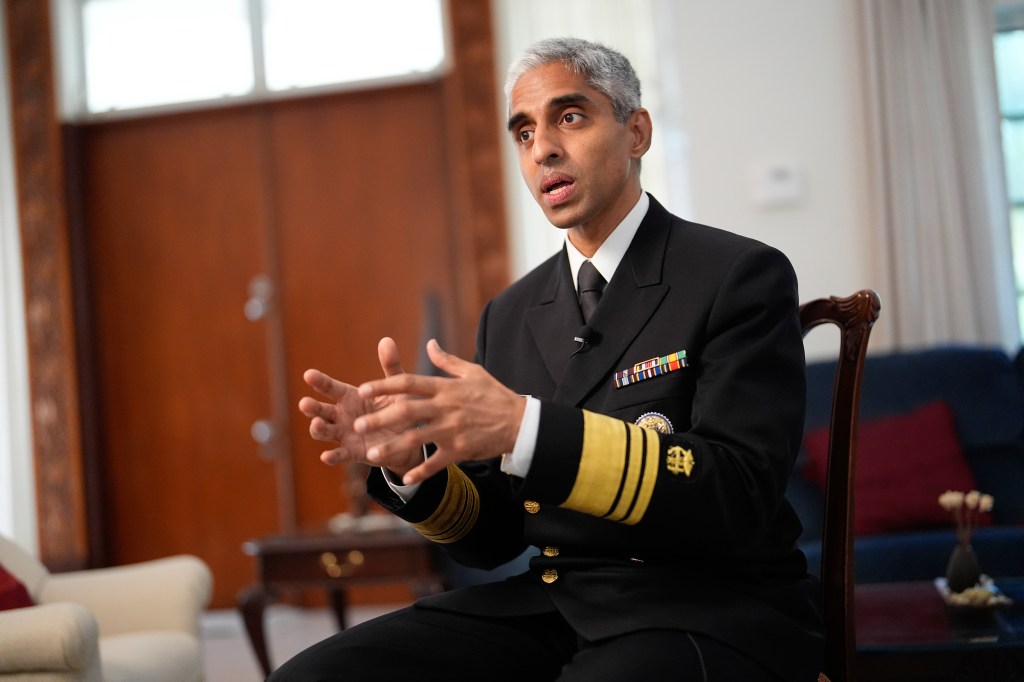 General Surgeon Dr. Vivek Murthy sits for an interview with The Associated Press inside his parents' home, Tuesday, July 16, 2024, near Miami, Fla.